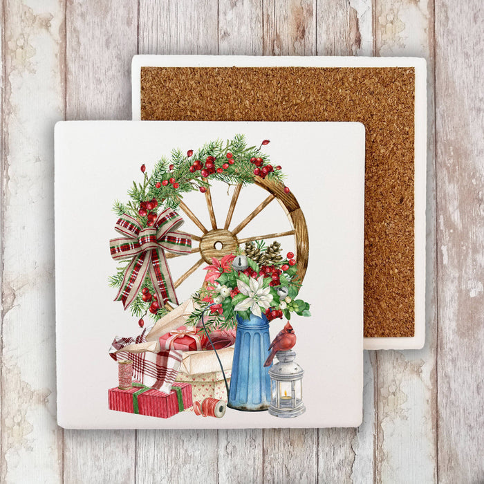 Christmas Wagon Wheel Presents Cardinal Stone Coaster