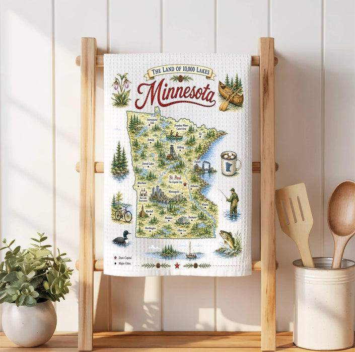 Minnesota State Map Landmark Waffle Weave Towel