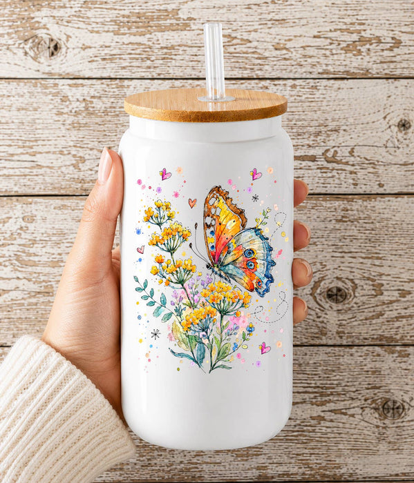 Spring Butterflies Wildflowers Glass Cup