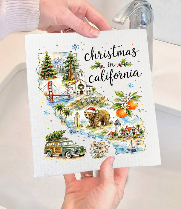 Christmas in California State Map Swedish Dishcloth