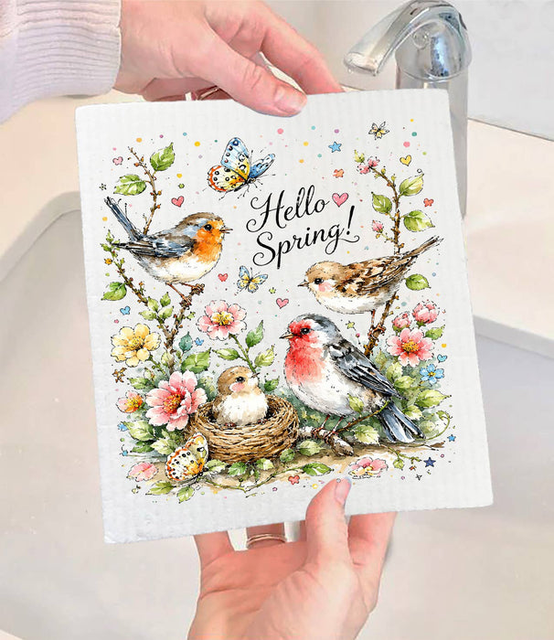 Hello Spring Flowers Birds Swedish Dishcloth