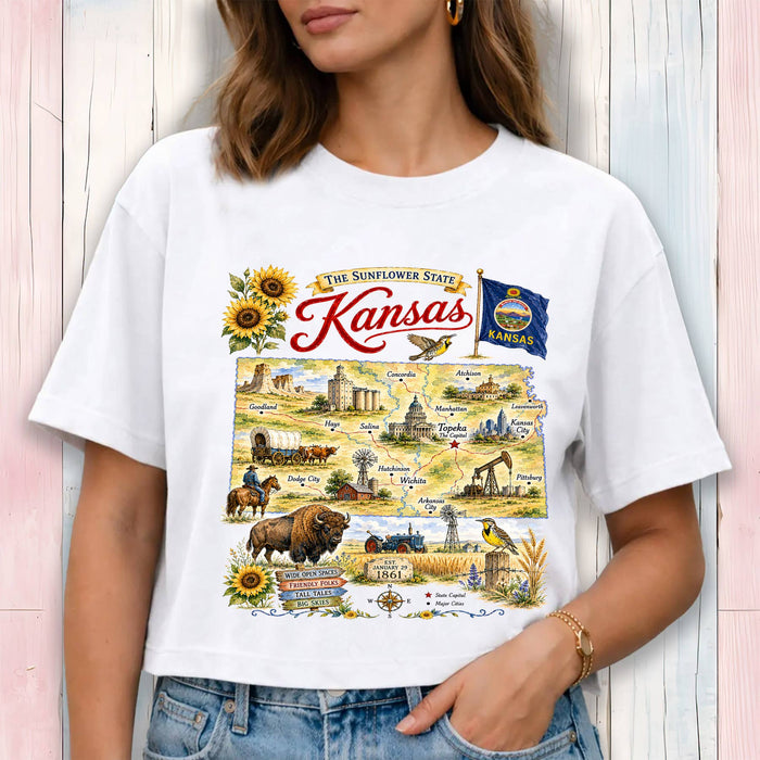 Kansas State Map Landmark Cropped T-Shirt