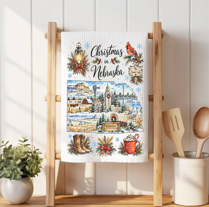 Christmas in Nebraska State Map Waffle Weave Towel