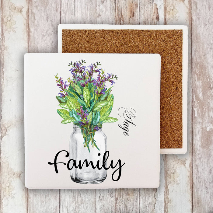 Family Flowers Mason Jar Sage, Stone Coaster