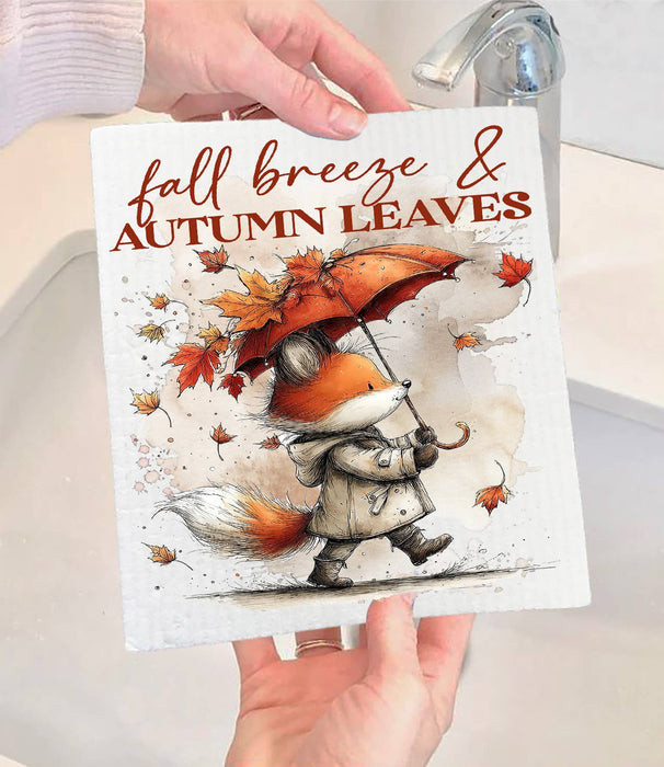 Fall Breeze Autumn Leaves Fox  Swedish Dishcloth
