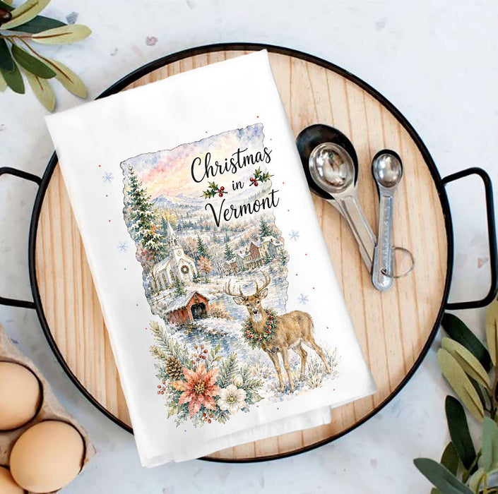 Christmas in Vermont State Map Tea Towel