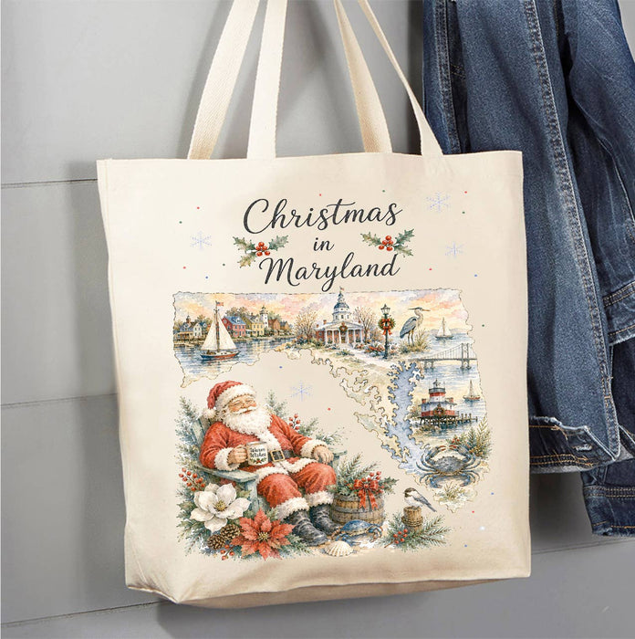 Christmas in Maryland State Map Canvas Tote Bag