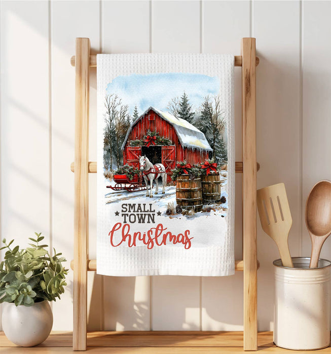 Small Town Christmas Horse and Barn Waffle Weave Towel