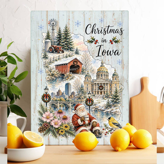 Christmas in Iowa State Map Glass Cutting Board