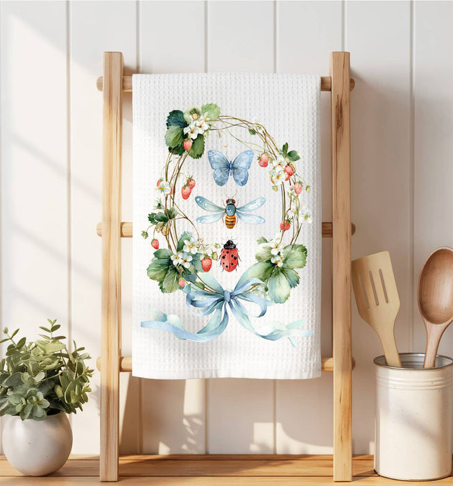 Strawberry Wreath Butterfly Ladybug Waffle Weave Towel