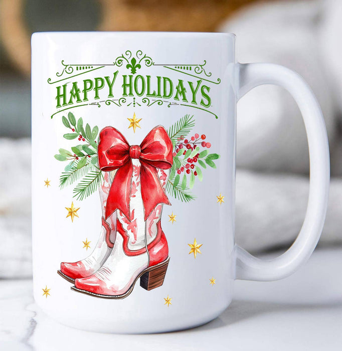 Christmas Happy Holidays Cowboy Boot Coffee Mug