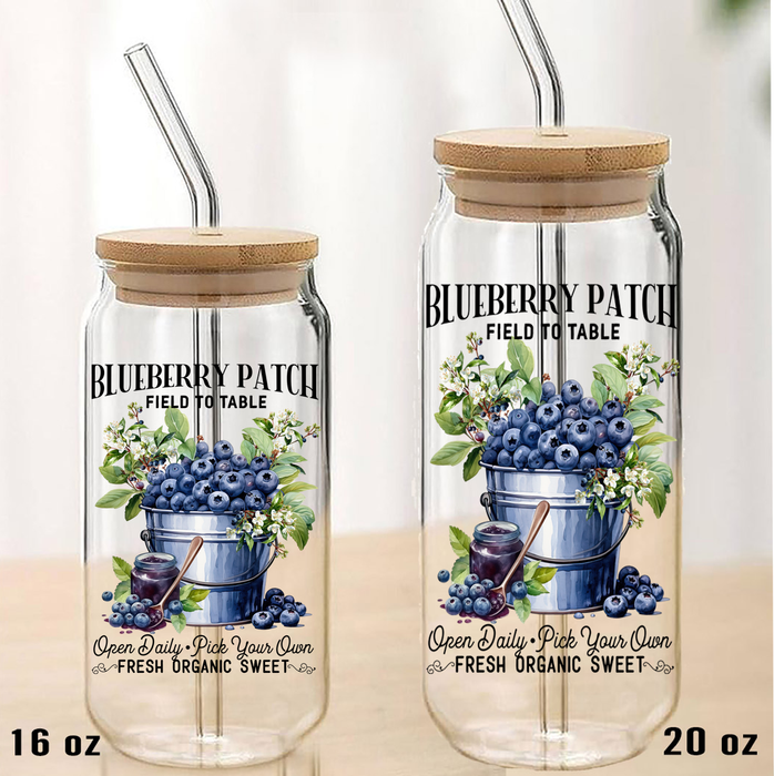 Blueberry Patch Field to Table  Can Glass with Lid Straw