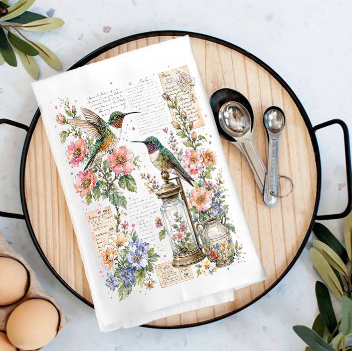 Vintage Flowers Hummingbirds Tea Towel