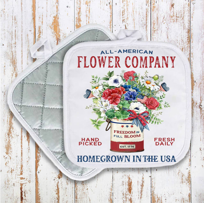 Farmhouse 4th of July Patriotic Flowers Pot Holder Oven Mitt
