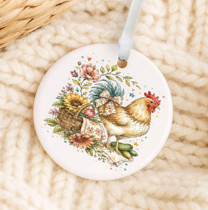 Whimsical Country Hen Flowers Ornament