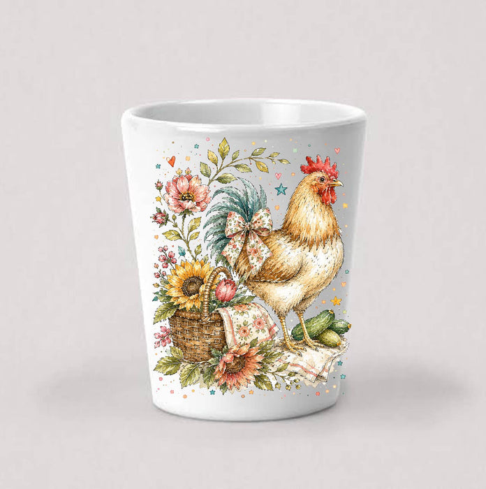 Whimsical Country Hen Flowers Shot Glass