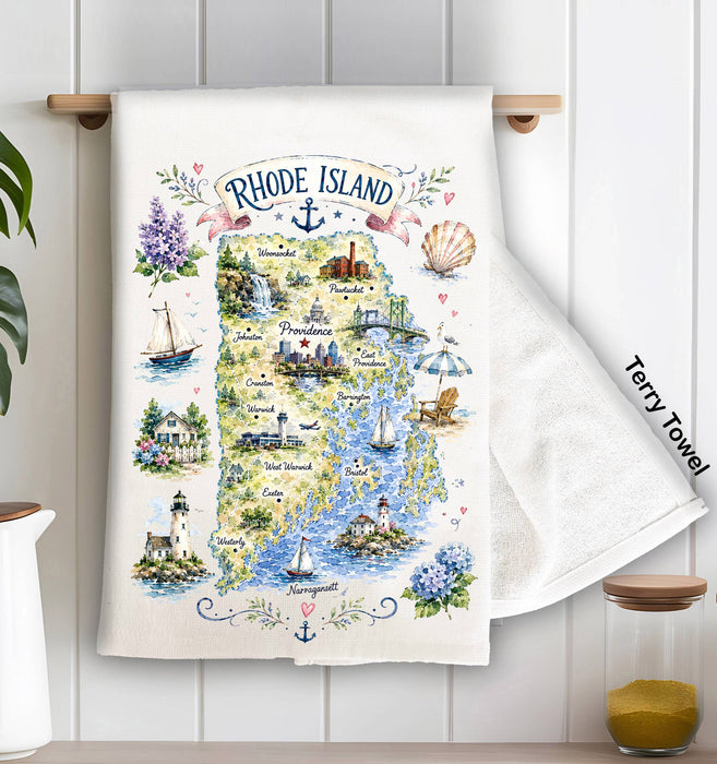 Rhode Island State Map Landmark Kitchen Terry Towel