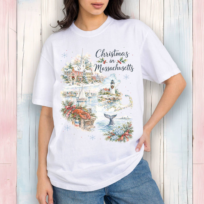 Christmas in Massachusetts State Map T-Shirt