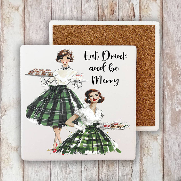 Retro Christmas Ladies Eat and be Merry Stone Coaster