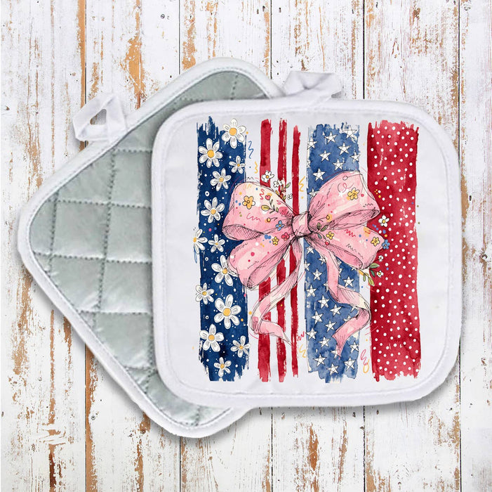 Patriotic red White Blue Bow Pot Holder