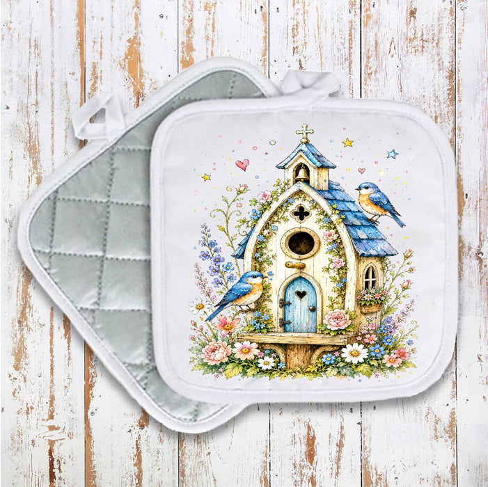 Watercolor Birdhouse Blue Flowers Pot Holder