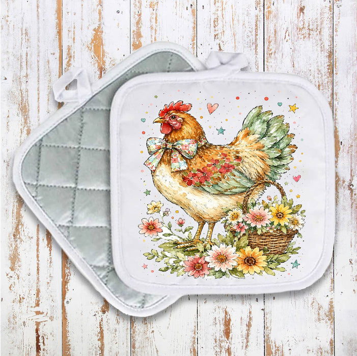 Watercolor Country Hen Flowers Pot Holder