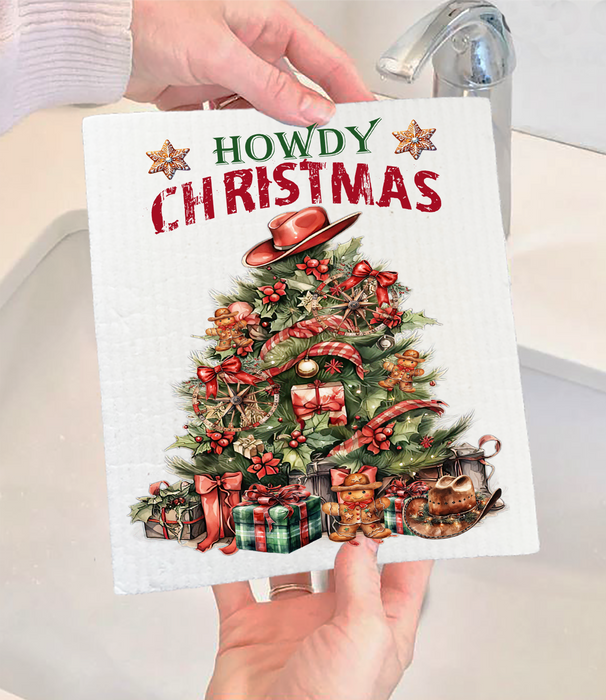 Western Howdy Christmas Tree Swedish Dishcloth
