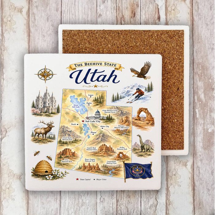Utah State Map Landmark Stone Coaster