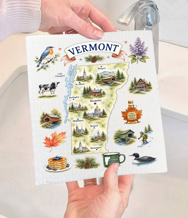 Vermont State Map Landmark Swedish Dishcloth