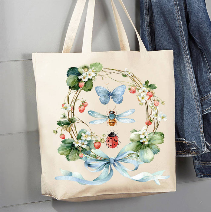 Strawberry Wreath Butterfly Ladybug Canvas Tote Bag