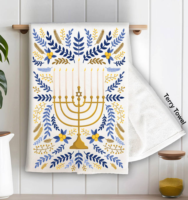 Hanukkah Menorah Flowers Kitchen Terry Towel