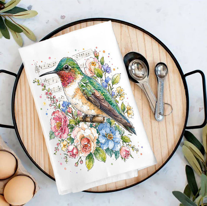 Spring Flowers Hummingbirds Musical Tea Towel
