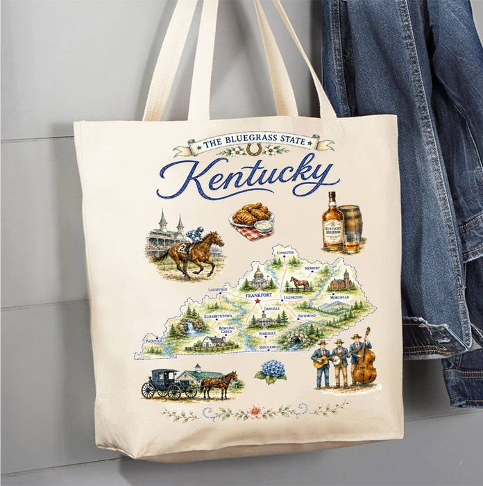 Kentucky State Map Landmark Canvas Tote Bag