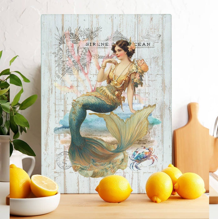 Vintage French Mermaids Ocean Glass Cutting Board Trivet
