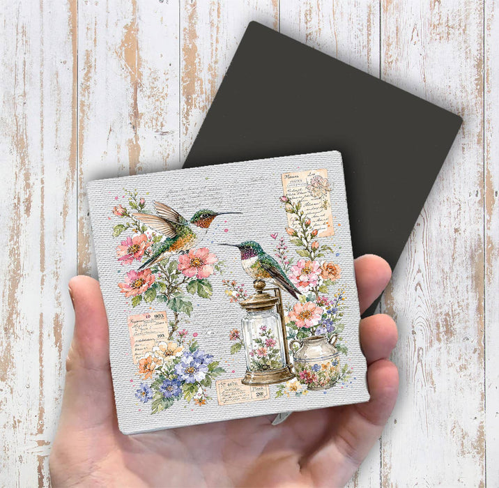 Vintage Flowers Hummingbirds Magnet Fridge