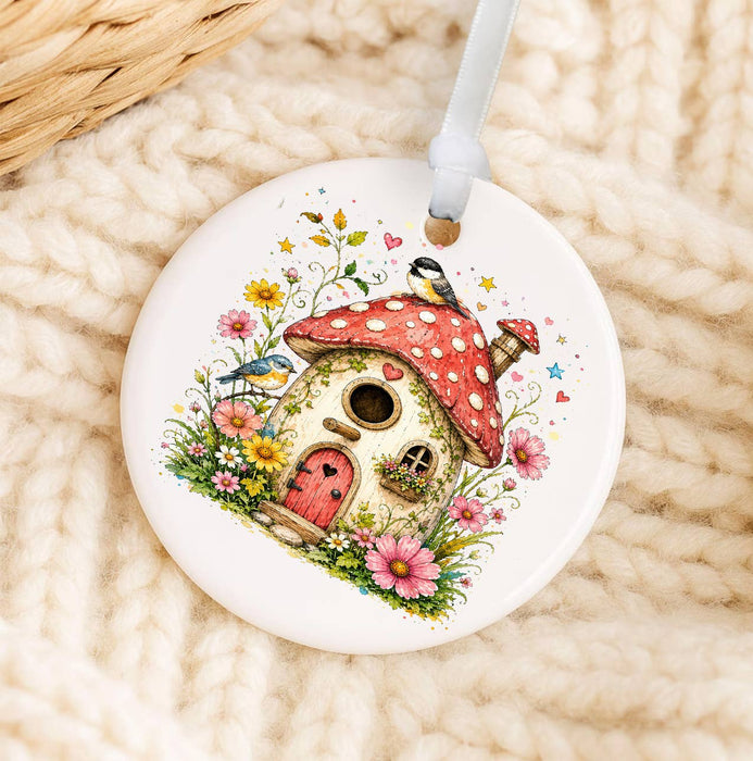 Mushroom Birdhouse Flowers Ornament