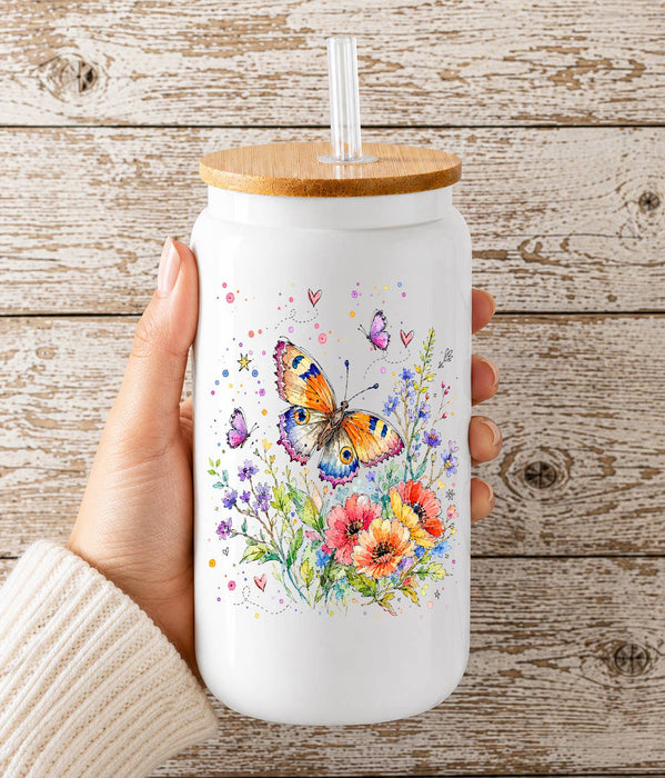 Whimsical Butterflies Flowers Glass Cup