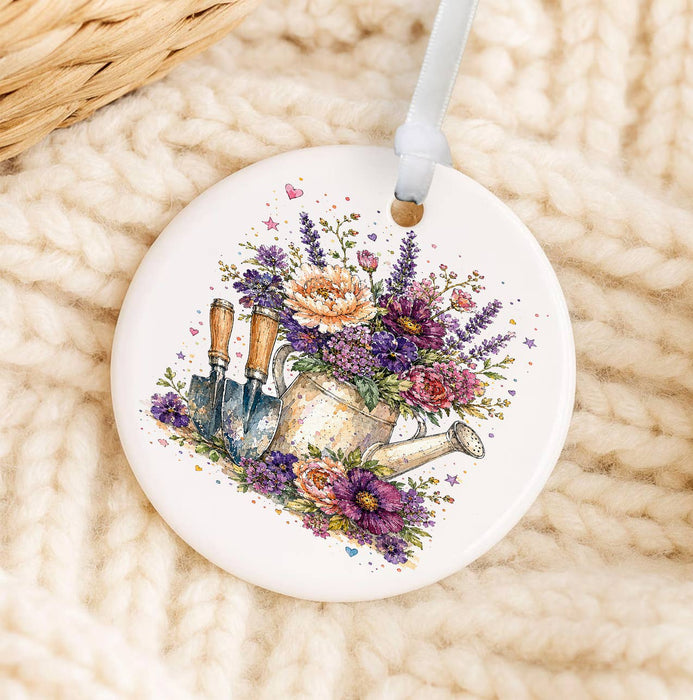 Watercolor Flower Watering Can Garden Ornament