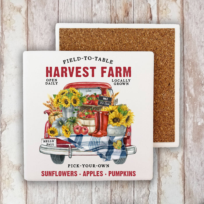 Autumn Fall Harvest Farms Red Truck Stone Coaster