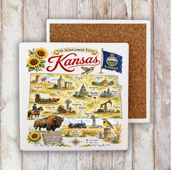 Kansas State Map Landmark Stone Coaster