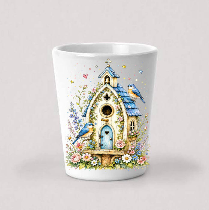 Watercolor Birdhouse Blue Flowers Shot Glass