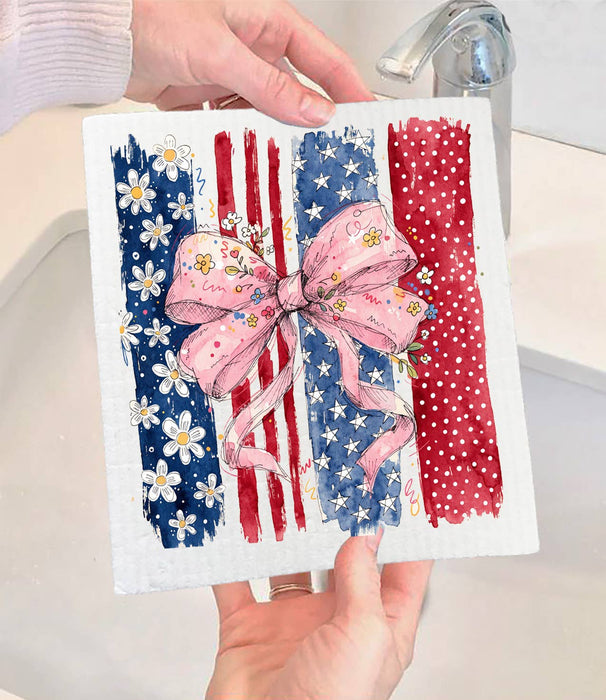 Patriotic red White Blue Bow Swedish Dishcloth