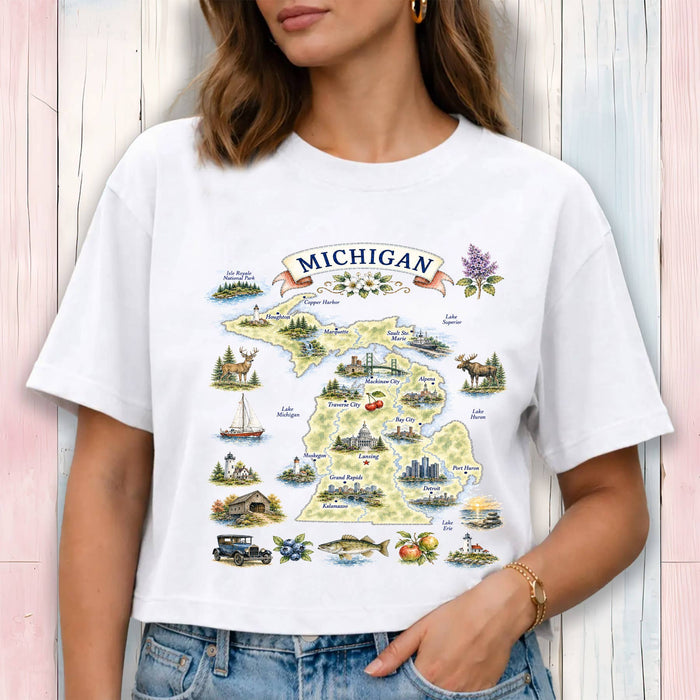 Michigan State Map Landmark Cropped T-Shirt