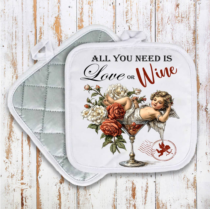 All I need is Love or Wine Cupid Pot Holder Oven Mitt