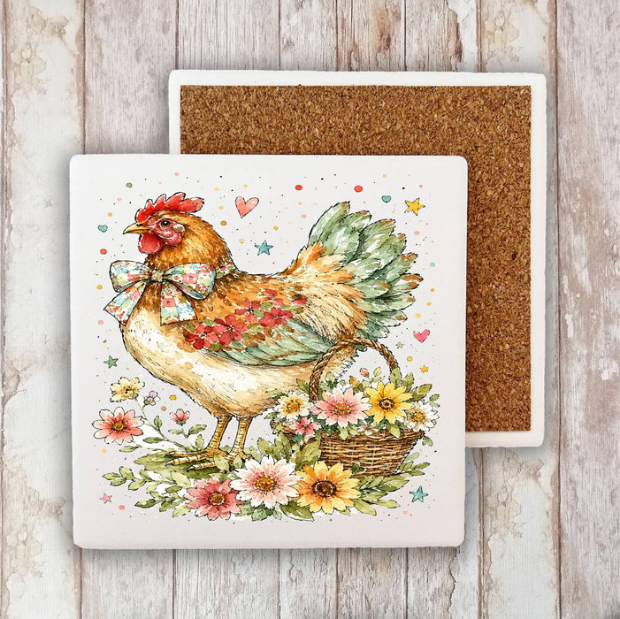 Watercolor Country Hen Flowers Stone Coaster