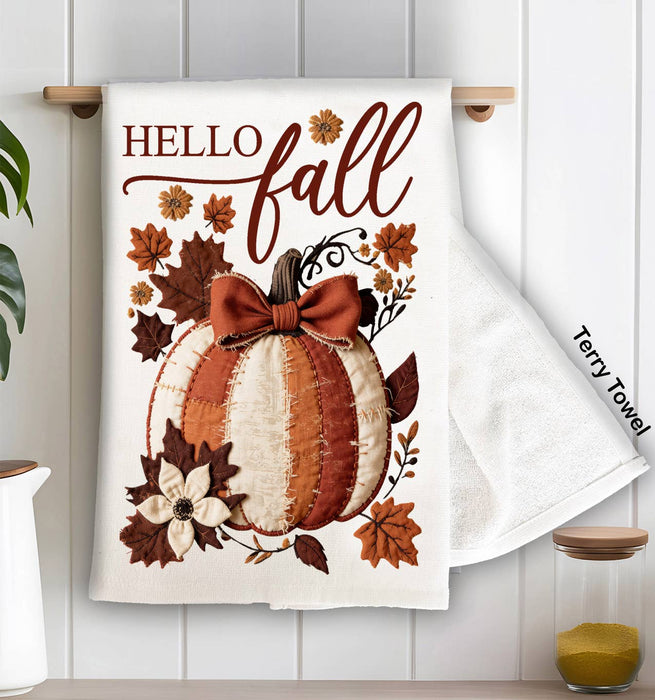 Hello Fall Quilted Pumpkin  Kitchen Terry Towel