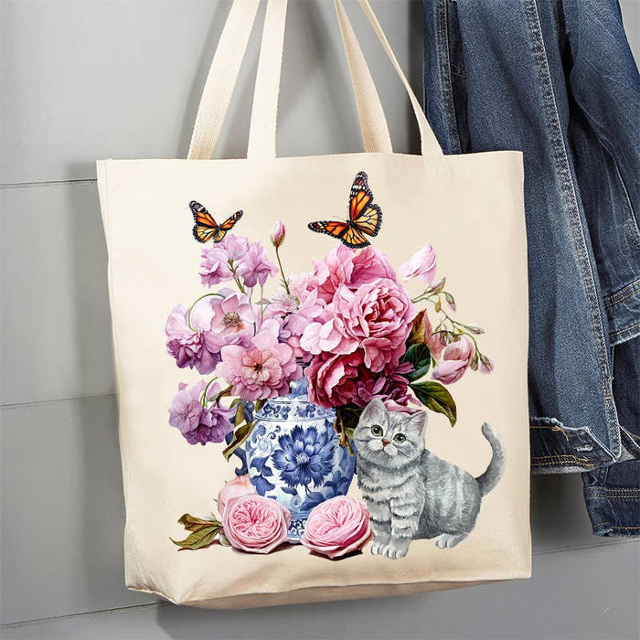 Grey Kitten Flowers Vase Butterflies Canvas Tote Bag