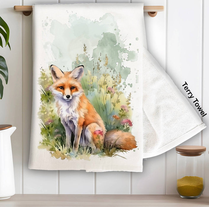 Fox Animal in Grass Flowers Kitchen Terry Towel