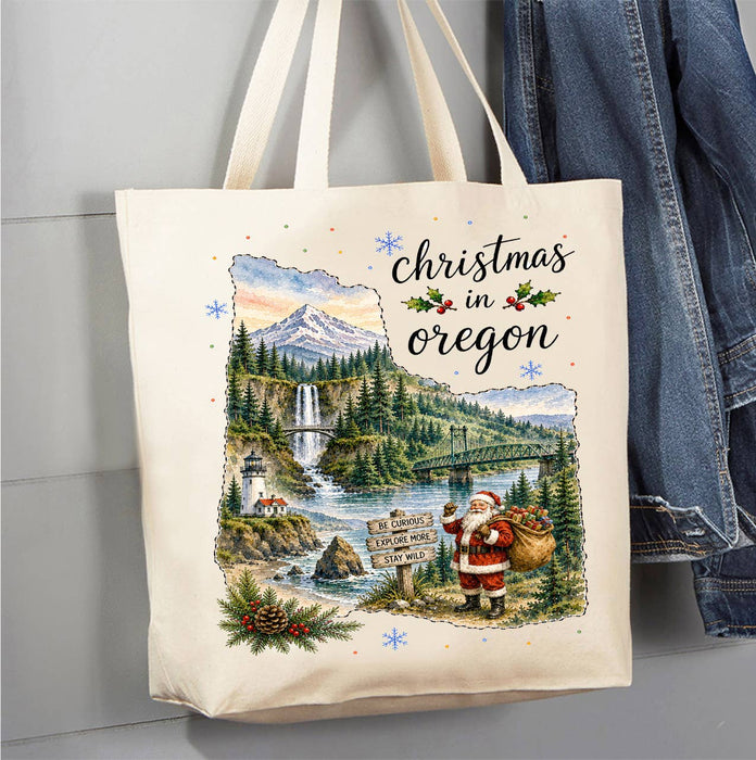 Christmas in Oregon State Map Canvas Tote Bag