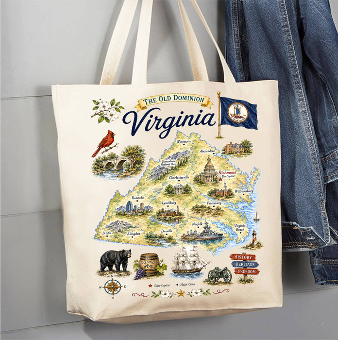 Virginia State Map Landmark Canvas Tote Bag